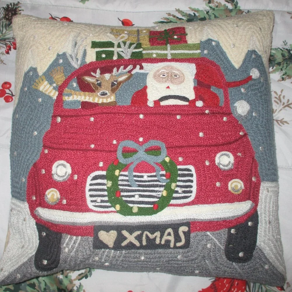 Pottery Barn road trip Santa embroidered pillow cover & Feather Insert